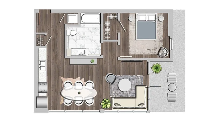Modern floor plan featuring one bedroom, an open-concept living and dining area, sleek kitchen, and a stylish bathroom, ideal for cozy urban living.