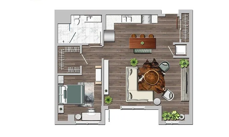 Modern floor plan featuring one spacious bedroom, open living area with stylish decor, and a sleek kitchen with dining space, perfect for urban living.