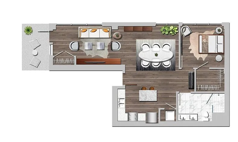 Contemporary floor plan featuring a stylish 1-bedroom suite with an open living and dining area, modern kitchen, and cozy outdoor patio.