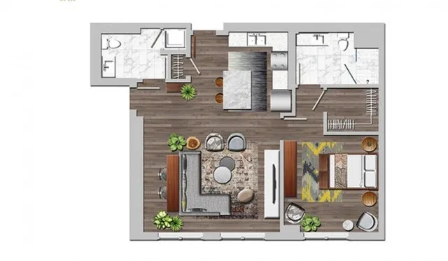 Modern apartment floor plan featuring a cozy living area, stylish kitchen, and two luxurious bathrooms.