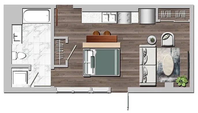 Modern studio apartment floor plan with elegant hardwood floors, cozy living area, compact kitchen, and stylish bathroom.