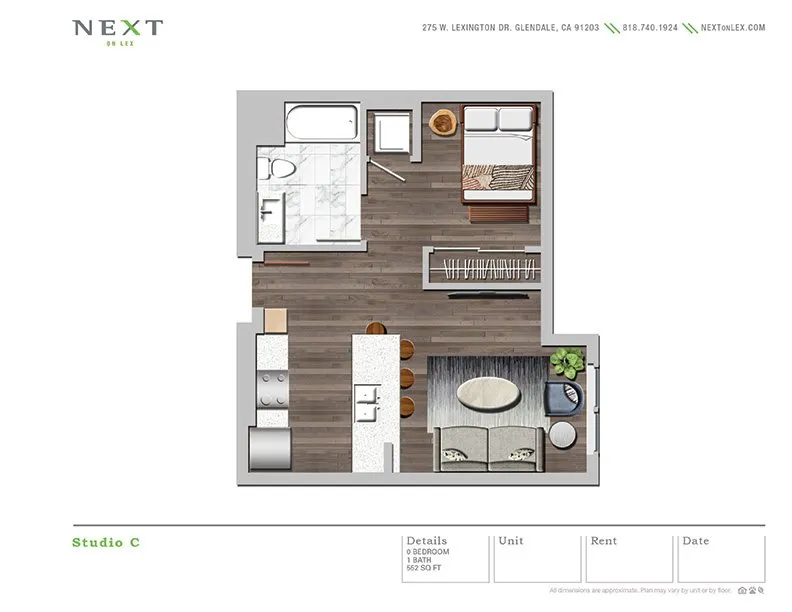 Chic Studio C floor plan with open-concept layout, featuring a cozy living space, modern kitchen, and elegant bathroom, covering 552 sq ft.
