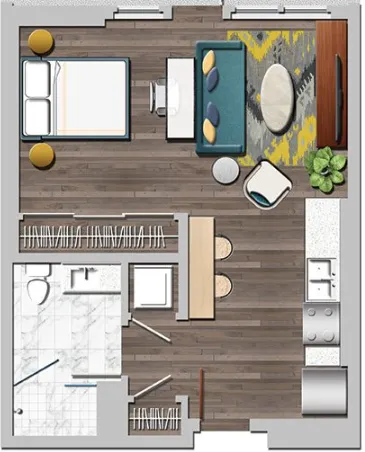 Modern 1-bedroom apartment floor plan with stylish living room, sleek kitchen, and elegant bathroom.