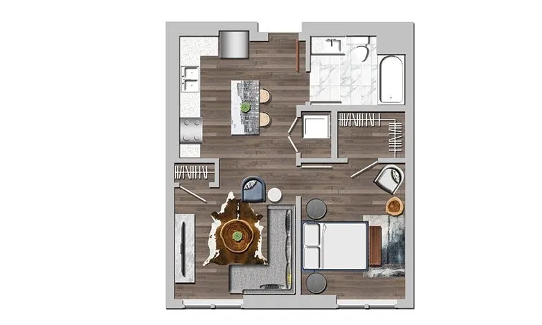 Modern floor plan showcasing an open-concept kitchen and living room, one elegant bedroom, and a stylish bathroom with contemporary fixtures.