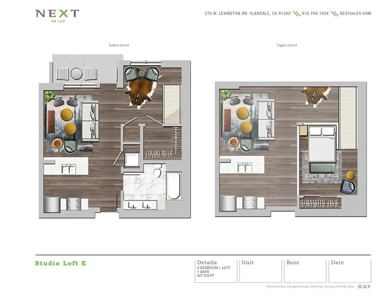 Modern Studio Loft E floor plan with expansive open areas, stylish interior on two levels, featuring a cozy loft space and contemporary bathroom, totaling 827 sq ft.
