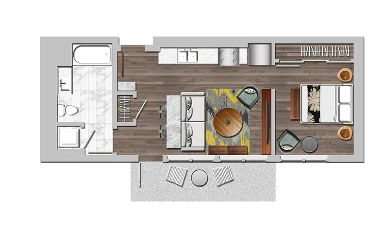 Chic 2D floor plan showcasing a modern living area, cozy bedroom, compact kitchen, and elegant bathroom layout.
