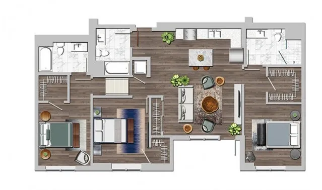 Modern floor plan showcasing 3 bedrooms, elegant open-concept living space, and a gourmet kitchen with sleek finishes.