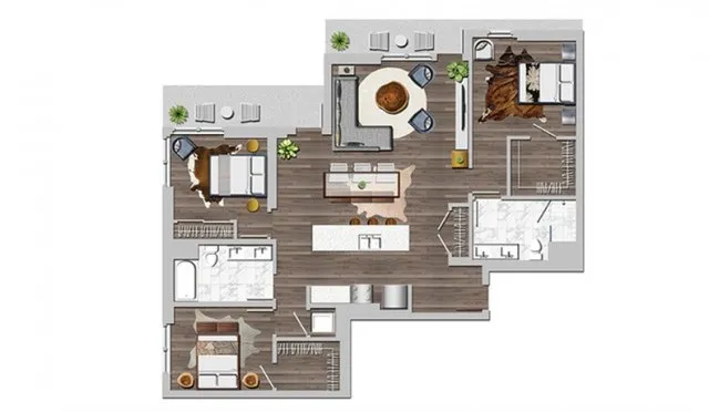 Contemporary floor plan displaying 3 bedrooms, open living and dining area with hardwood floors, and a modern kitchen.