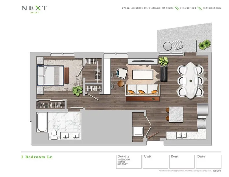 Contemporary floor plan featuring a spacious 1 bedroom, inviting living area, modern kitchen, and a stylish dining space, perfect for a cozy lifestyle.