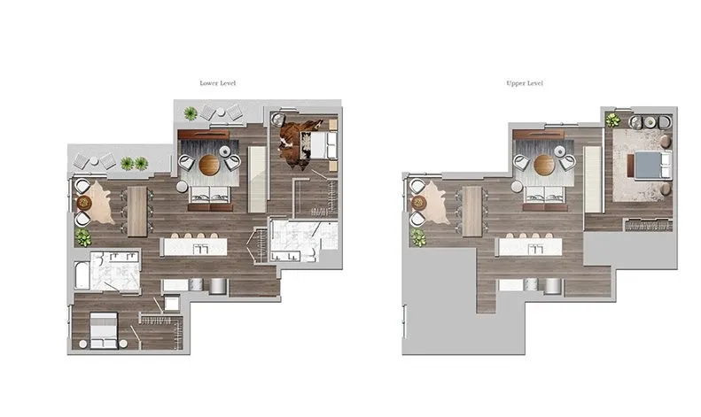 Elegant two-level floor plan featuring a modern kitchen, cozy living area, and stylish bedrooms, perfect for comfortable living.