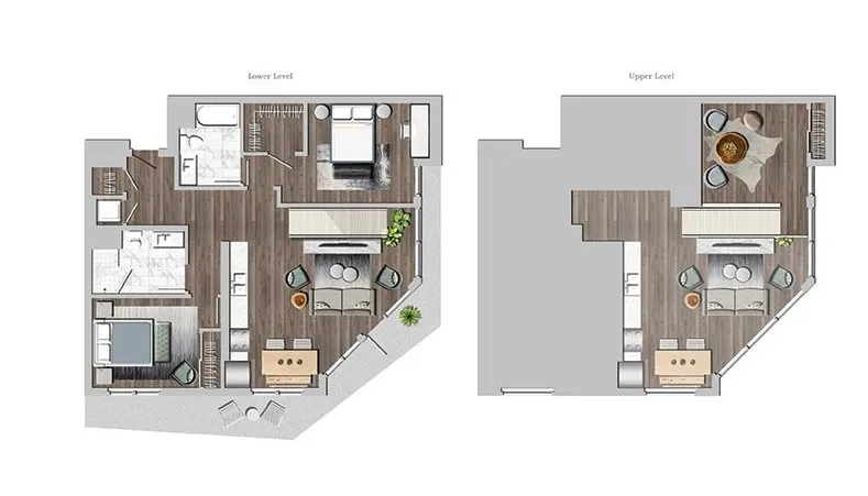 Chic duplex floor plan showcasing a lower level with two bedrooms, a modern kitchen, and inviting living space, and an upper level offering a stylish open-concept area perfect for gatherings.