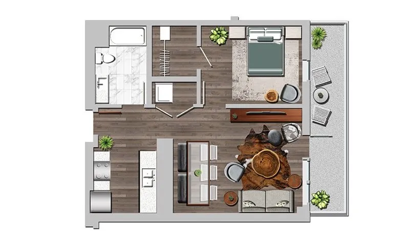 Modern floor plan featuring one-bedroom suite, stylish living room, elegant kitchen, and private balcony.