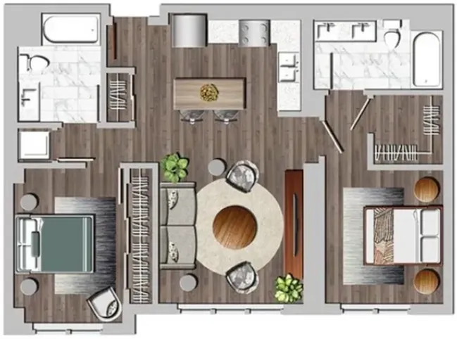 Modern floor plan showcasing 2 bedrooms, stylishly furnished living area, and open kitchen with wooden flooring.