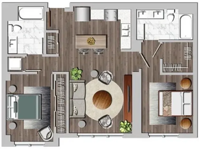 Chic floor plan showcasing 2 bedrooms, modern kitchen with dining area, elegant living room, and 2 luxurious bathrooms.