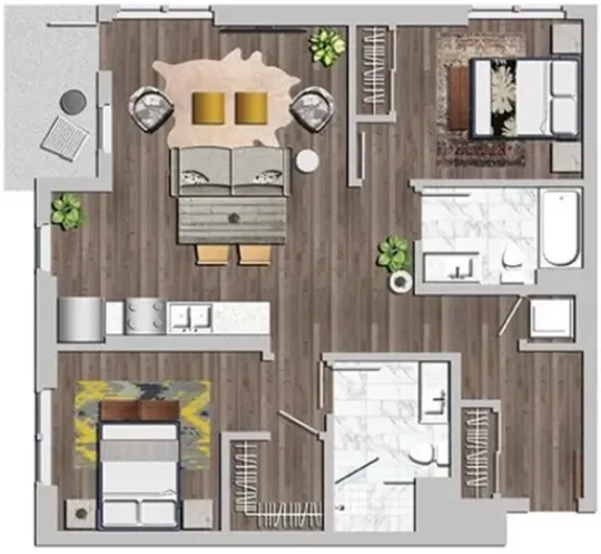 Modern floor plan with two bedrooms, a stylish open living area, and contemporary kitchen. Features sleek hardwood floors and elegant decor accents.