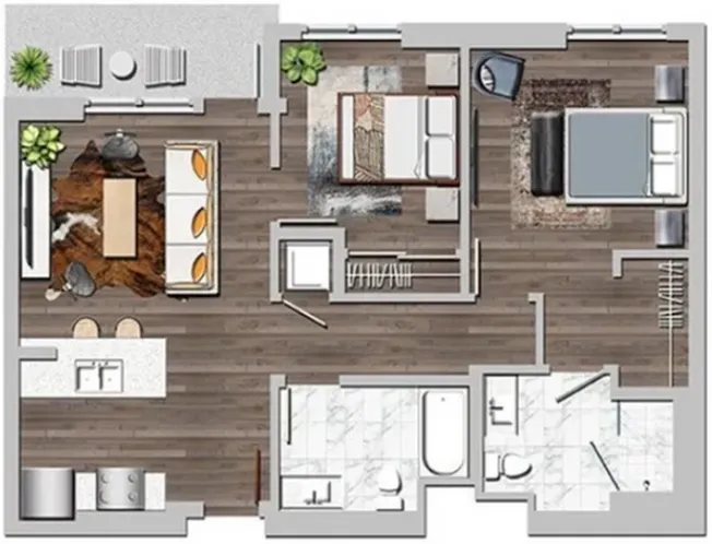 Modern floor plan showcasing 2 bedrooms, a contemporary kitchen, inviting living area, and elegant bathrooms with stylish interiors.