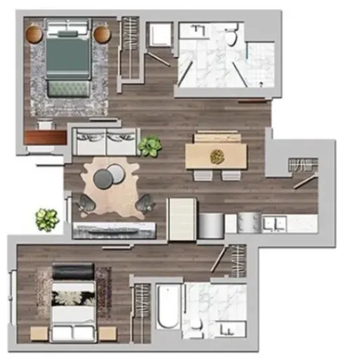 Modern 2D floor plan showcasing 2 bedrooms, an elegant living room, and a contemporary kitchen layout with hardwood flooring.