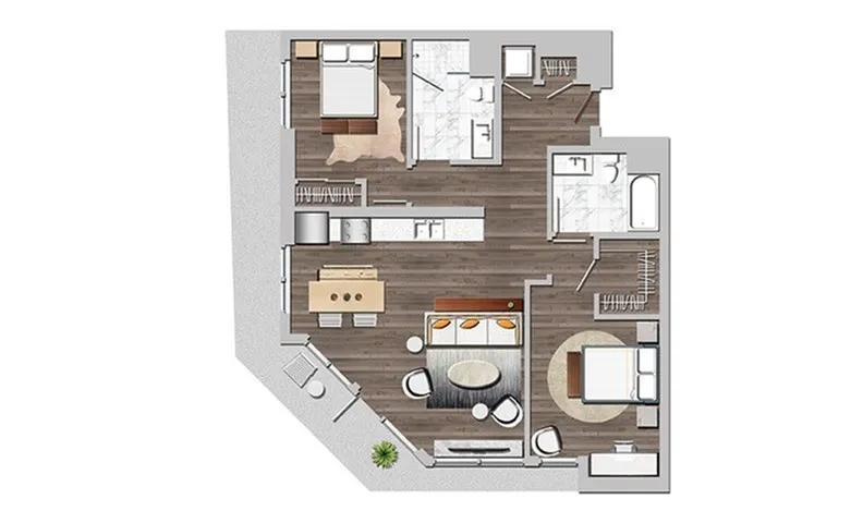 Elegant floor plan showcasing 2 bedrooms, 2 bathrooms, and an open-concept kitchen with a stylish living area.