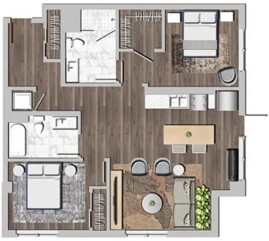 Modern floor plan showcasing 2 bedrooms, chic open-concept living and dining area, sleek kitchen, and elegant bathrooms.