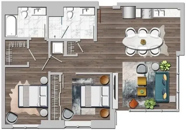 Modern floor plan showcasing 2 elegant bedrooms, 2 luxurious bathrooms, a sleek kitchen, and a stylish dining area.
