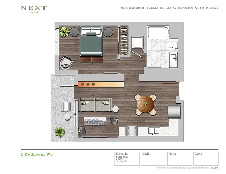 Modern 1-bedroom floor plan featuring an inviting open-concept living and dining area, sleek kitchen, and elegant bathroom. Perfect blend of comfort and style.