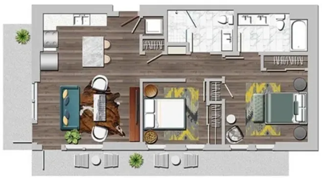 Modern floor plan showcasing 2 stylish bedrooms, an open-concept living and dining area, a sleek kitchen, and spacious outdoor patio.