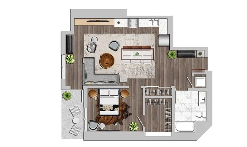 Modern 1-bedroom apartment floor plan with open-concept living room, kitchen, and stylish bathroom, featuring sleek wood flooring and chic decor.