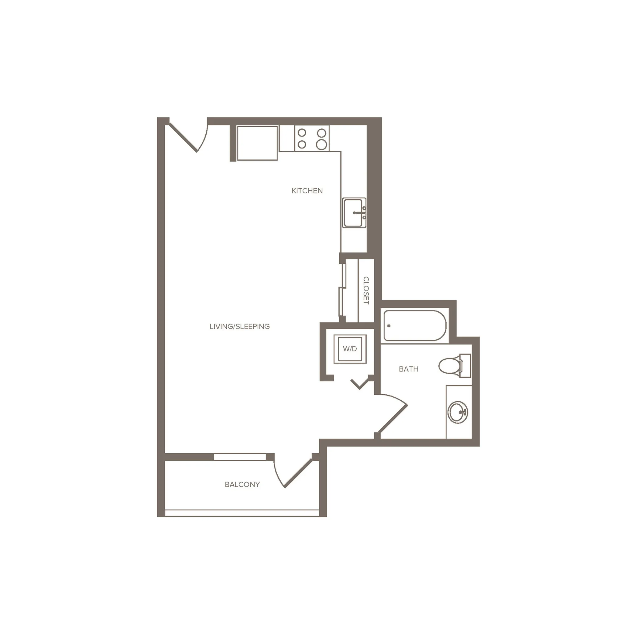 Modern studio apartment floor plan featuring an open living/sleeping area, sleek kitchen, cozy bathroom, and private balcony.