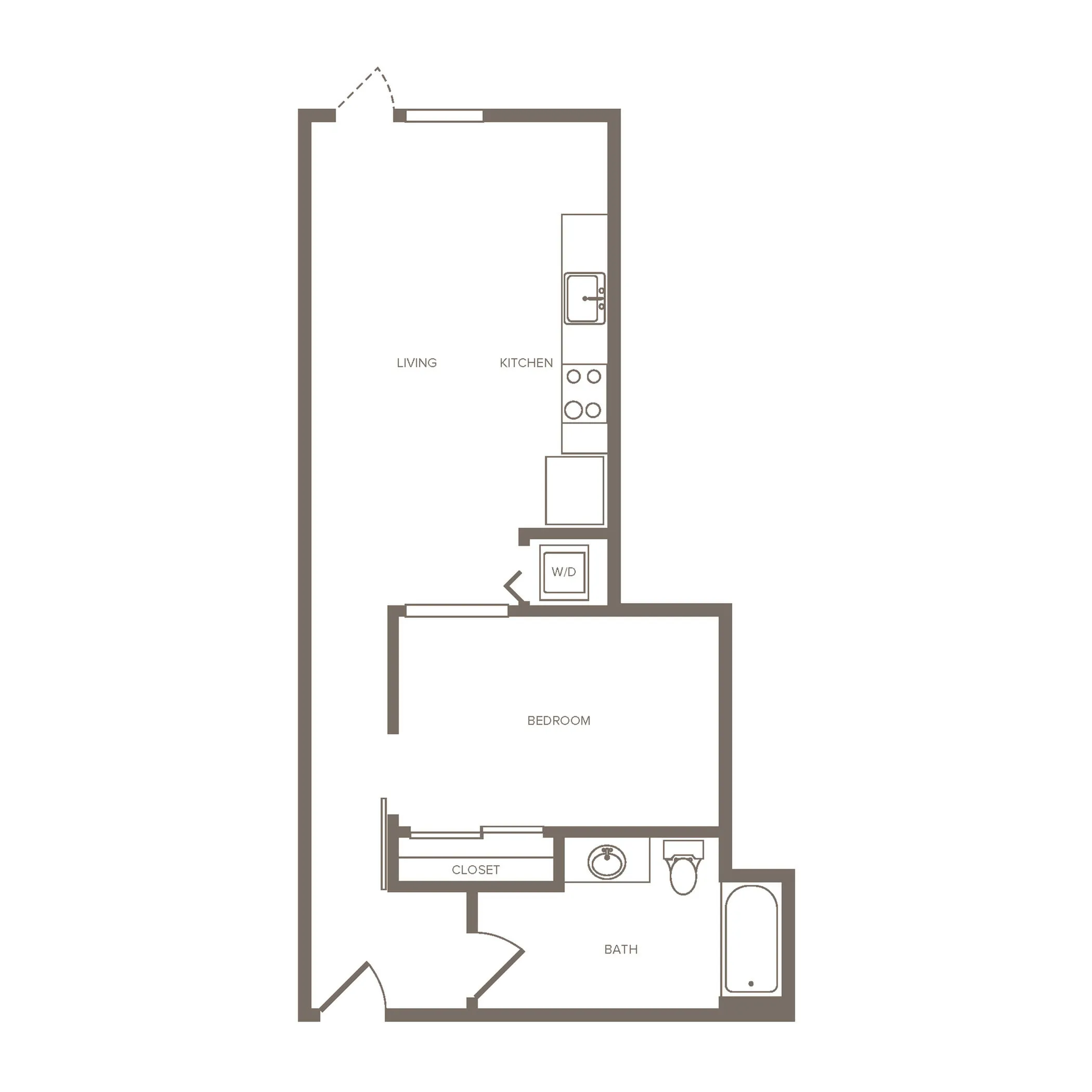 Modern apartment floor plan with one bedroom, an open kitchen, living area, and spacious bath, featuring convenient in-unit washer and dryer.