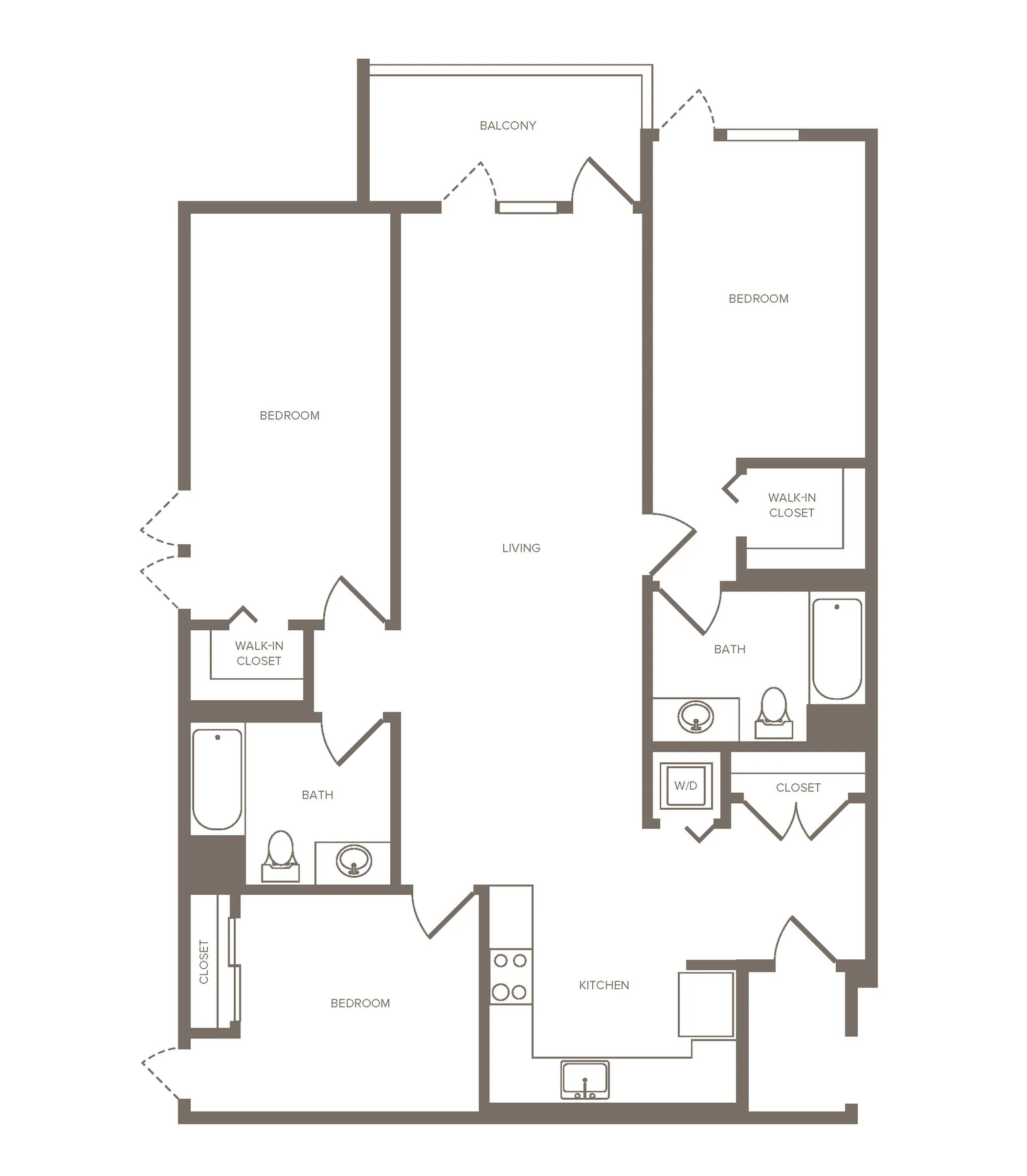 Elegant floor plan showcasing 3 bedrooms, 2 luxurious baths, open-concept living area, modern kitchen, and a private balcony.
