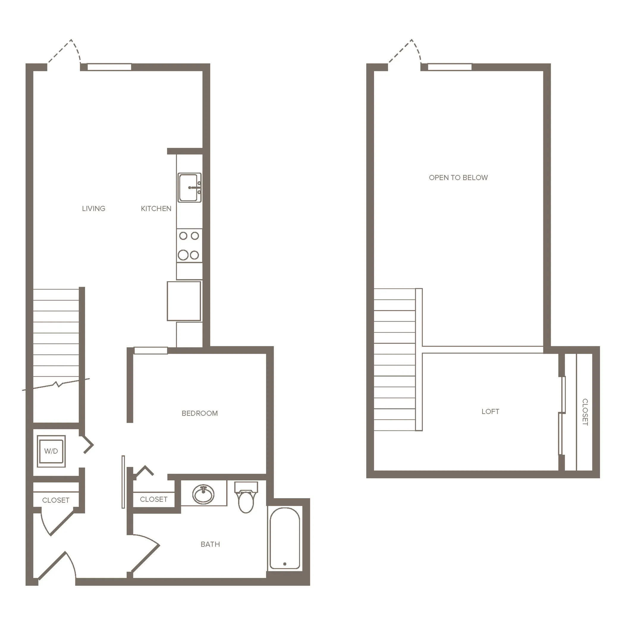 Modern two-level floor plan including a spacious loft, open living and kitchen area, and bedroom with ensuite bathroom.