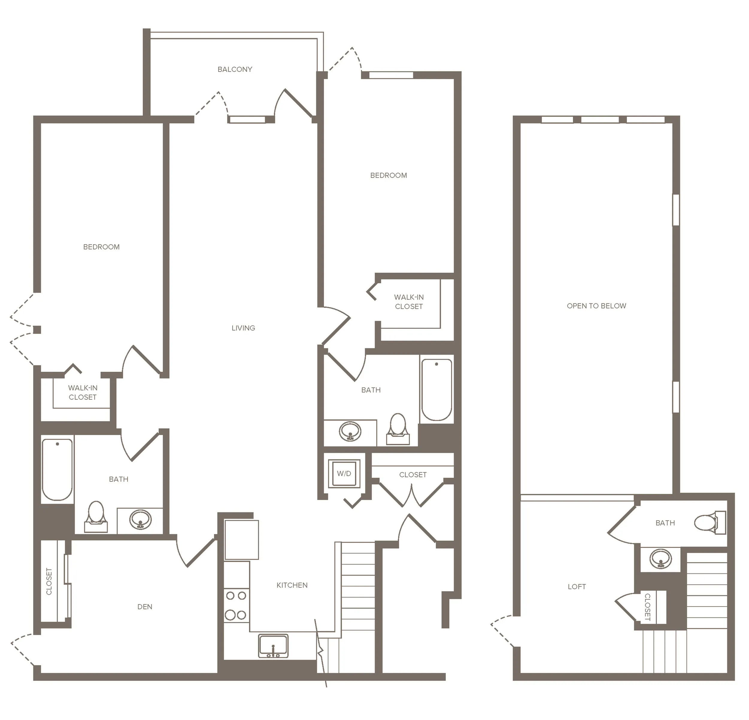 Elegant 2-story floor plan featuring 2 bedrooms, den, spacious living area, and balcony, with loft and open-to-below design.