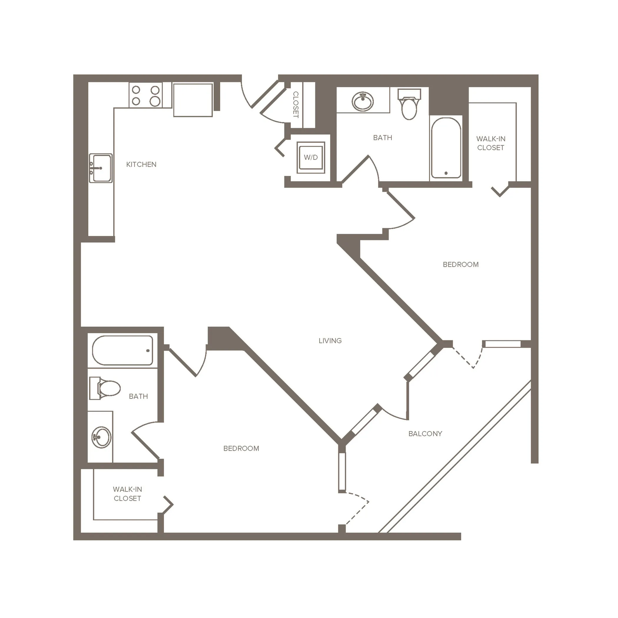 Spacious floor plan featuring 2 bedrooms, 2 baths, a modern kitchen, and a bright living area with a balcony.