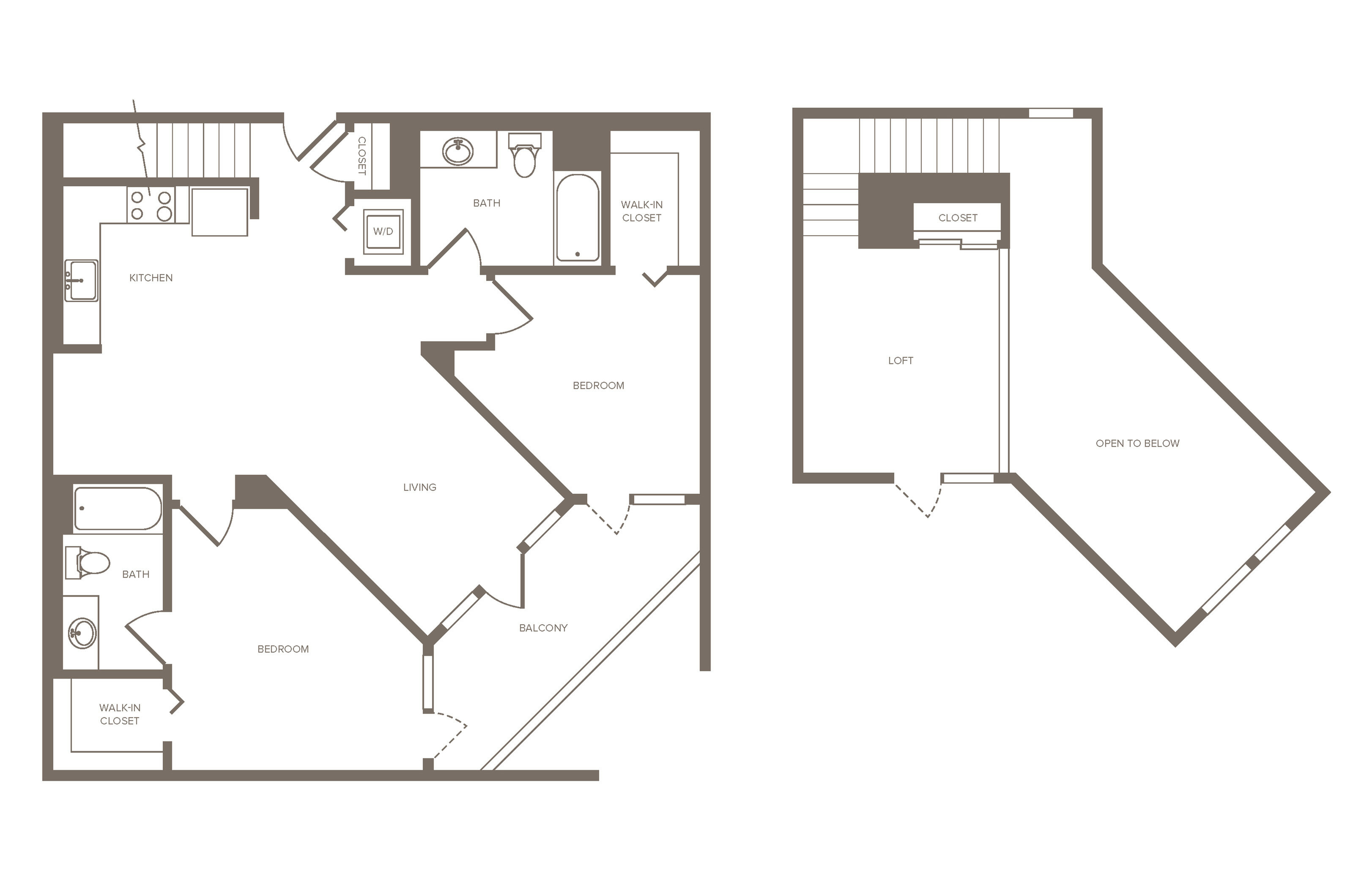 Elegant 2D floor plan featuring 2 bedrooms, 2 baths, a loft space, and a charming balcony, perfect for modern living.