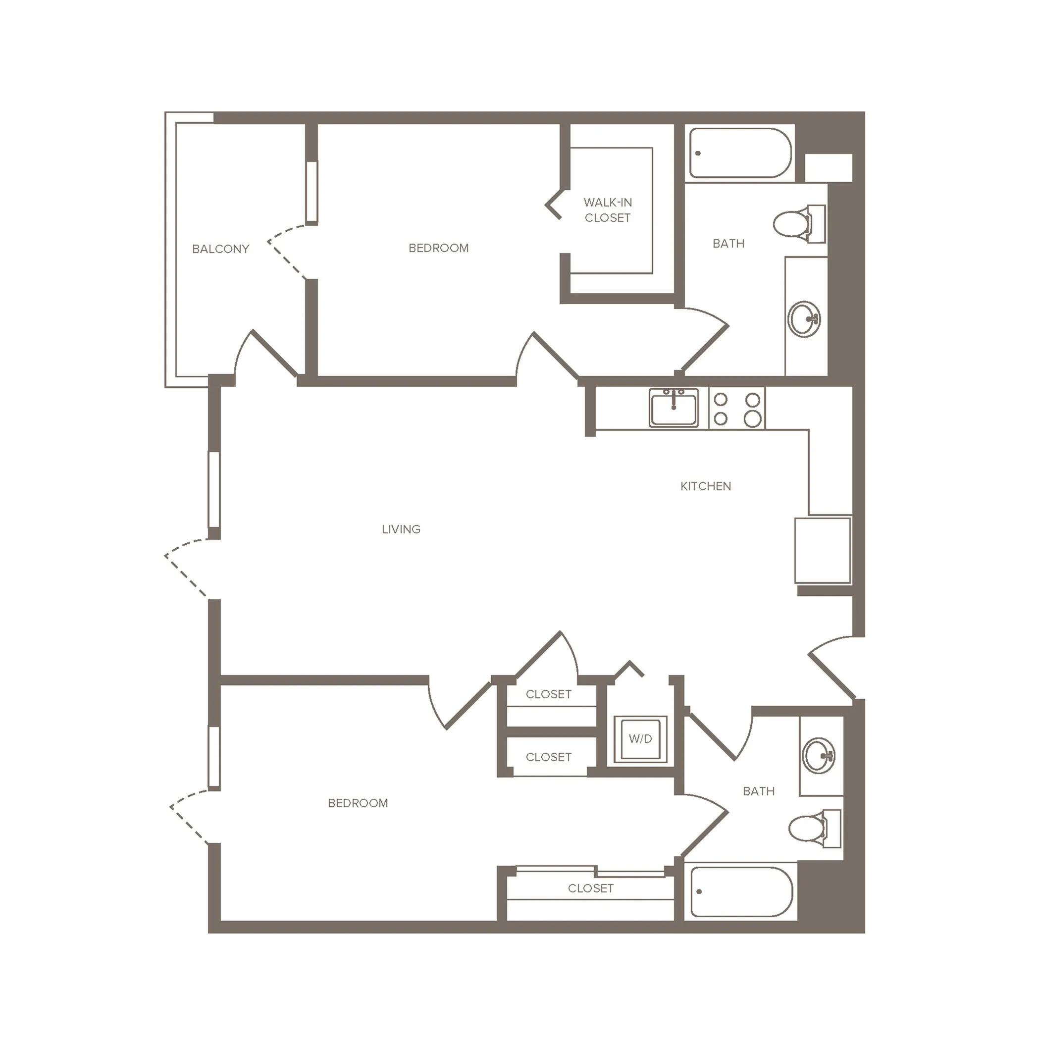 Modern 2D floor plan showcasing two bedrooms, open living space, walk-in closet, and two stylish bathrooms.
