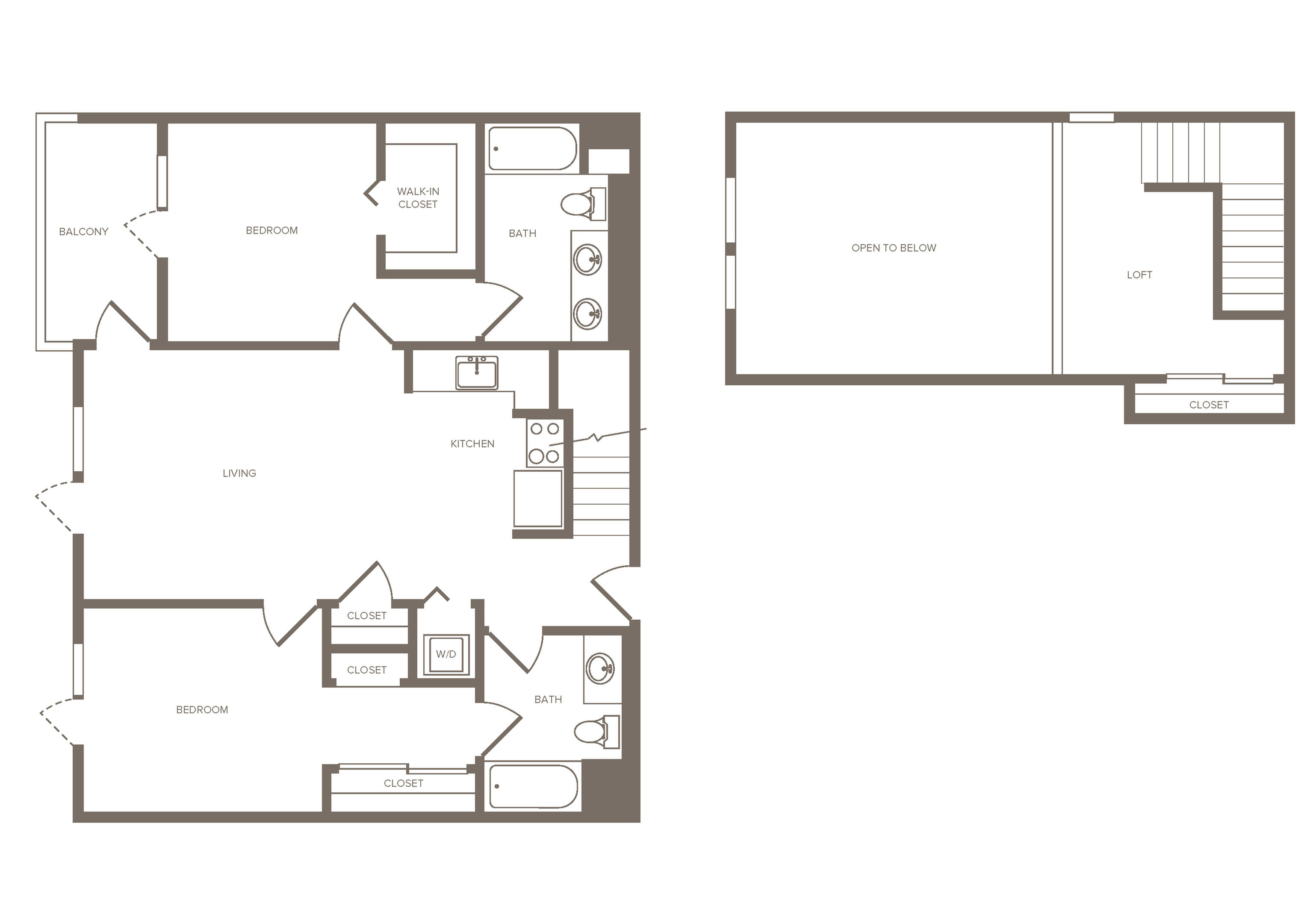 Chic split-level floor plan showcasing 2 bedrooms, balcony, open-concept living area, kitchen, and upper loft space with a cozy feel.