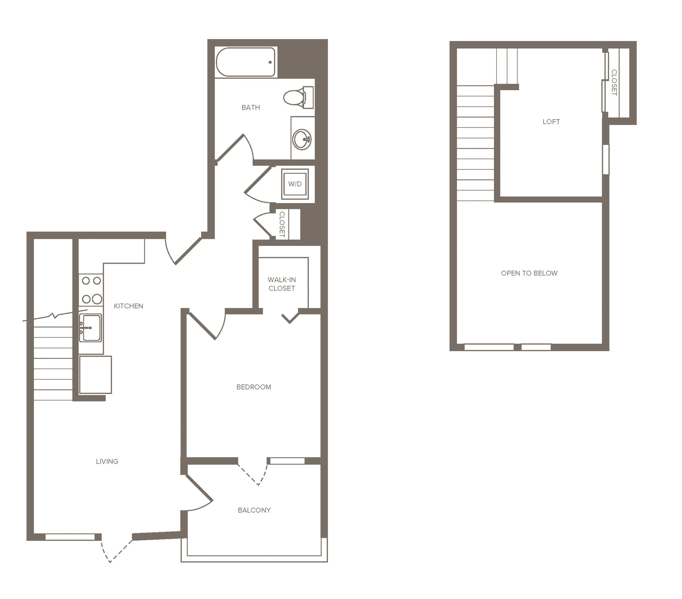 Modern duplex floor plan with a spacious loft, 1 bedroom, open kitchen, living area, and private balcony.