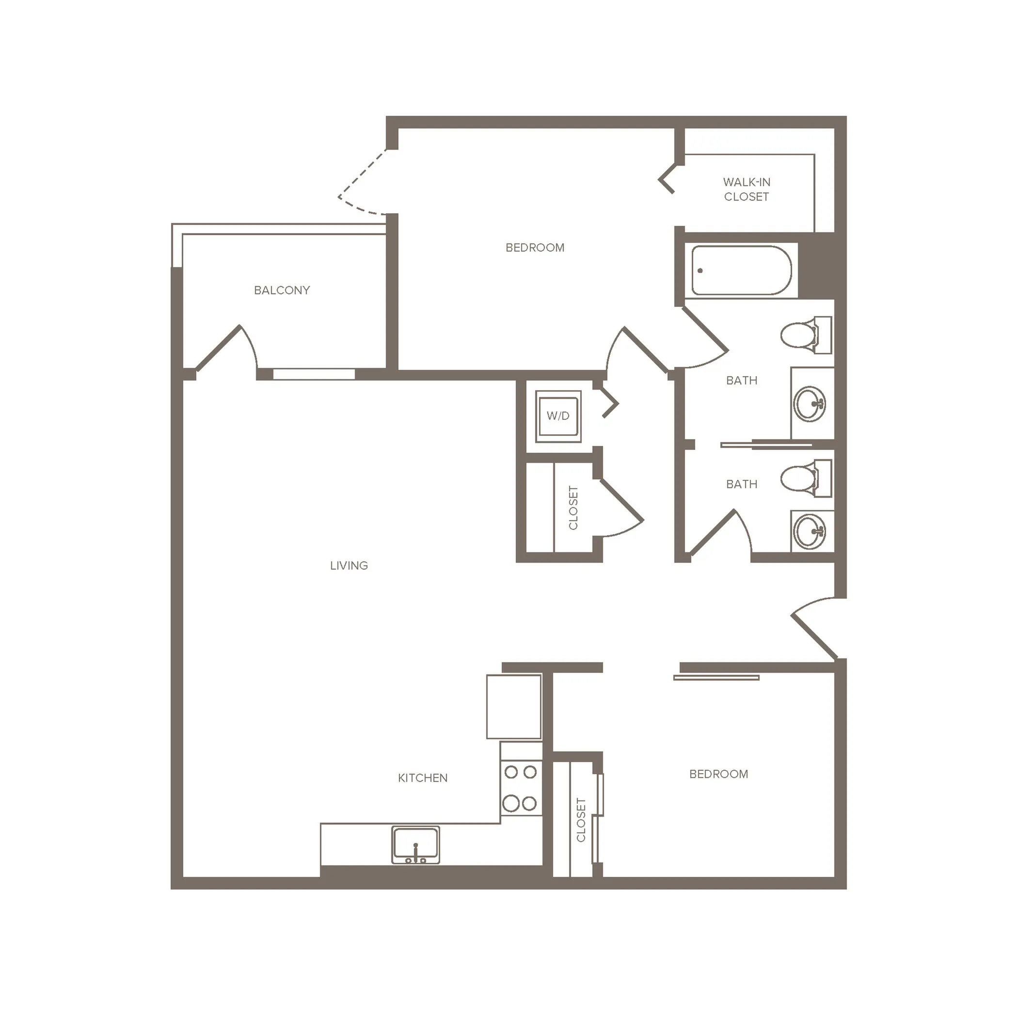 Modern floor plan featuring 2 bedrooms, open living and kitchen area, 2 bathrooms, and a private balcony.