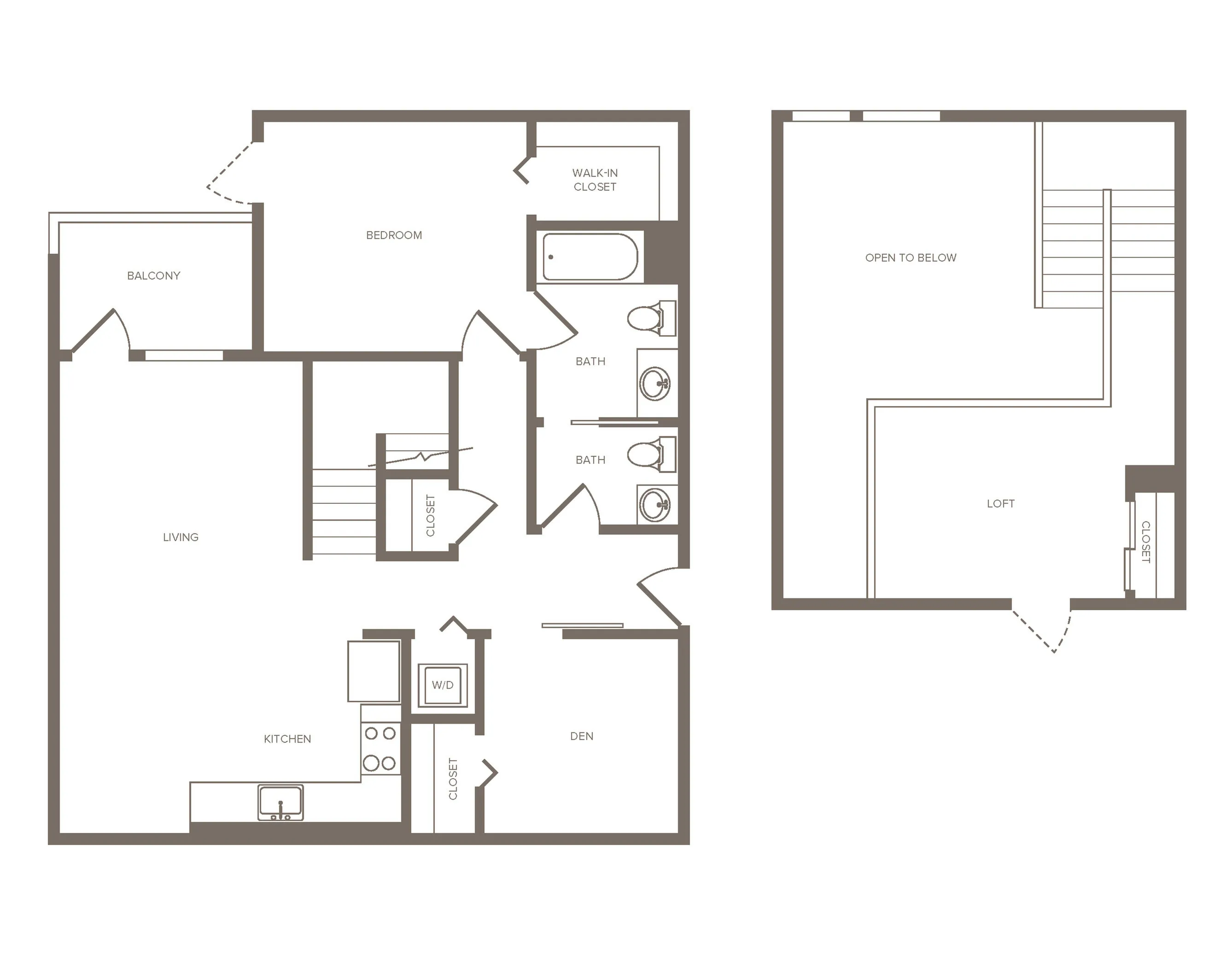 Elegant 2D floor plan featuring 1 bedroom, 2 baths, a spacious living area with balcony, and a loft overlooking below.