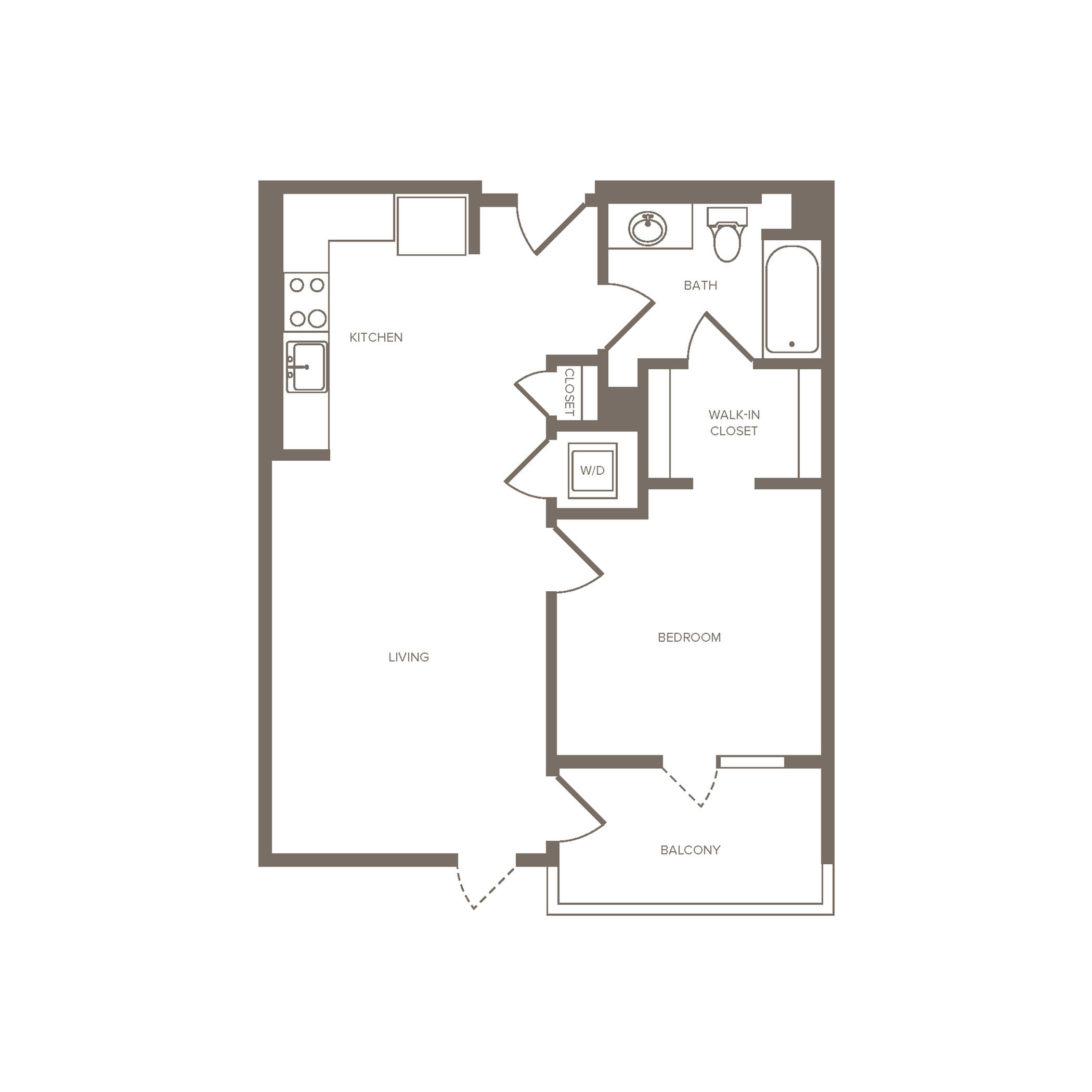 Modern 2D floor plan showcasing a 1-bedroom apartment with open-concept living, functional kitchen, spacious bath, walk-in closet, and inviting balcony.