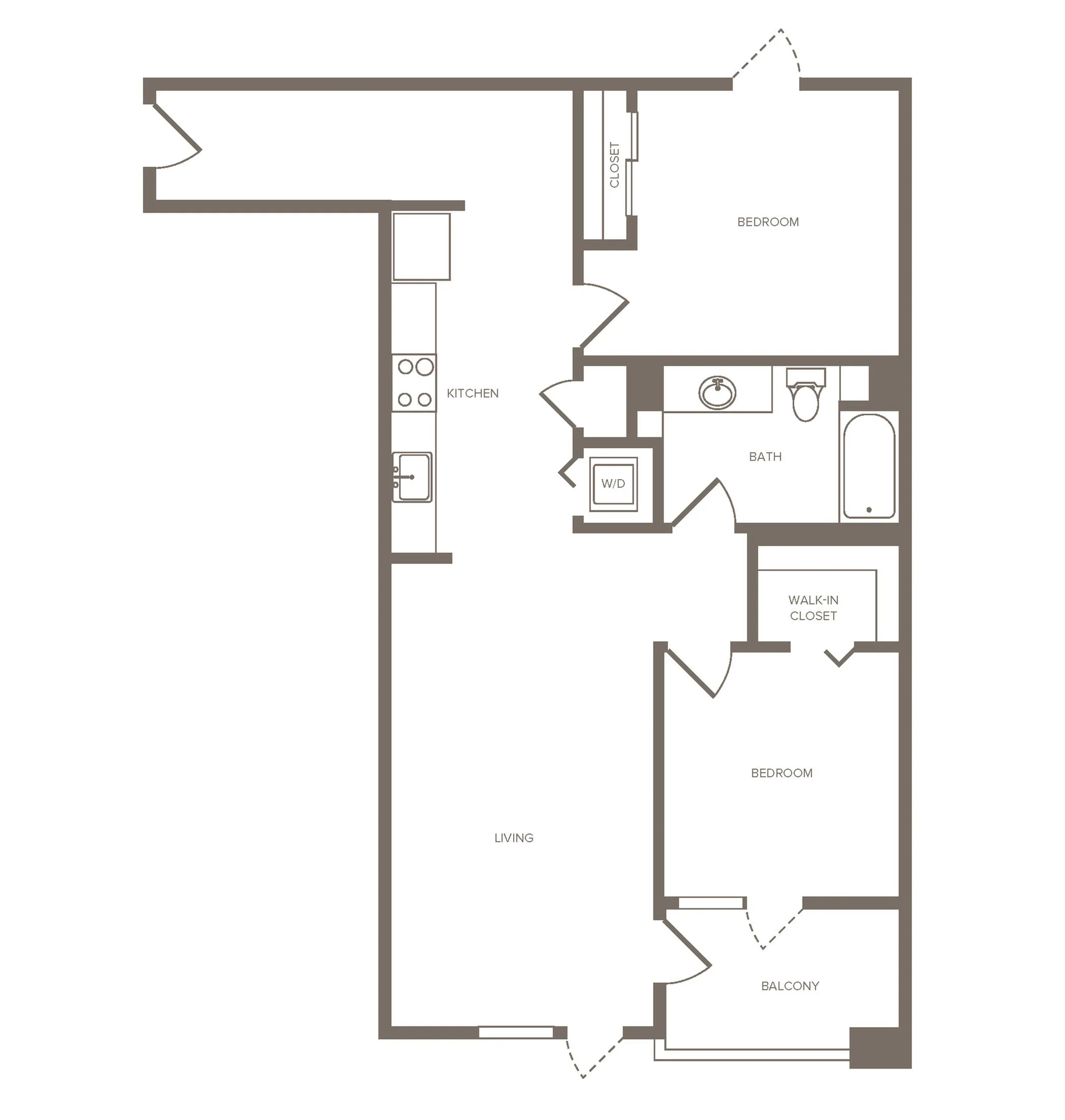 Sleek floor plan showcasing 2 bedrooms, 1 bathroom, modern kitchen, spacious living area, and private balcony.