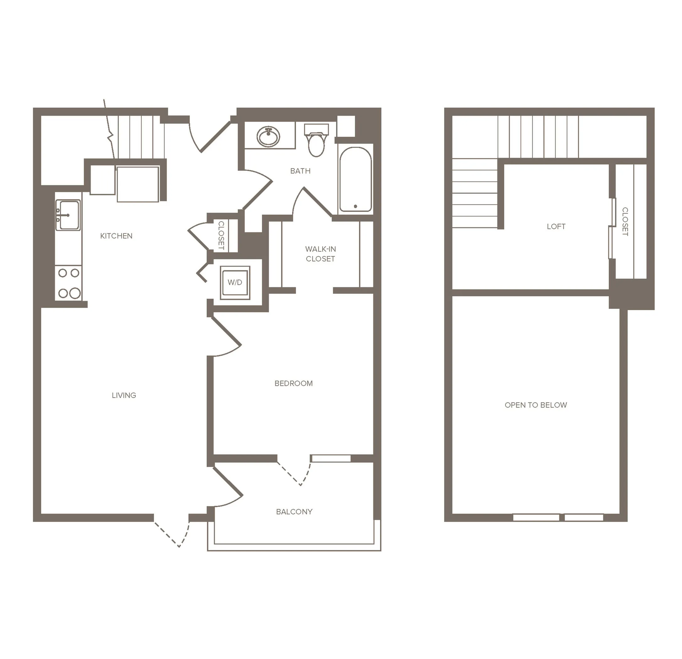 Chic two-story floor plan featuring a bedroom with walk-in closet, modern kitchen, open living space, and balcony on the first level, plus a spacious loft area on the second floor.