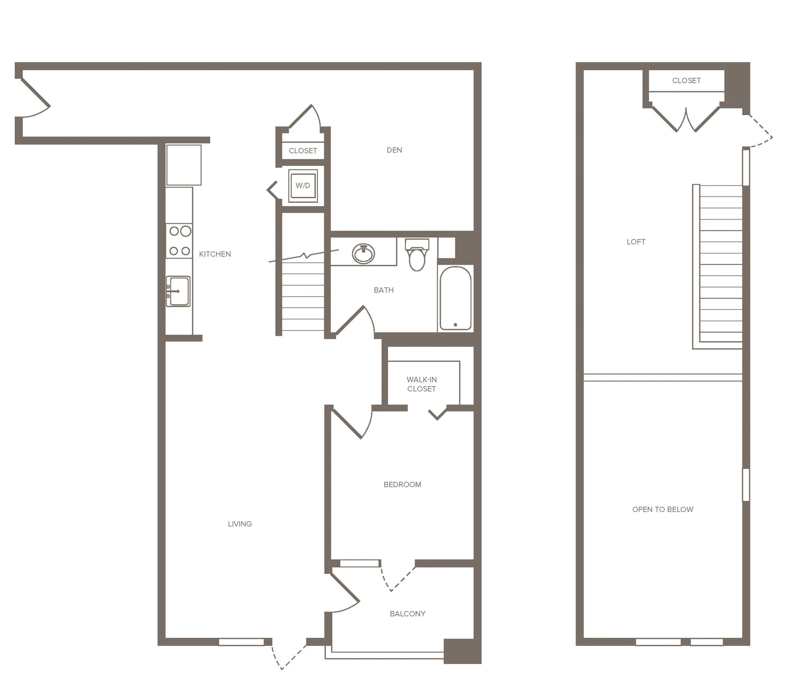 Modern dual-level floor plan with one bedroom, den, spacious loft, kitchen, and balcony, perfect for stylish city living.