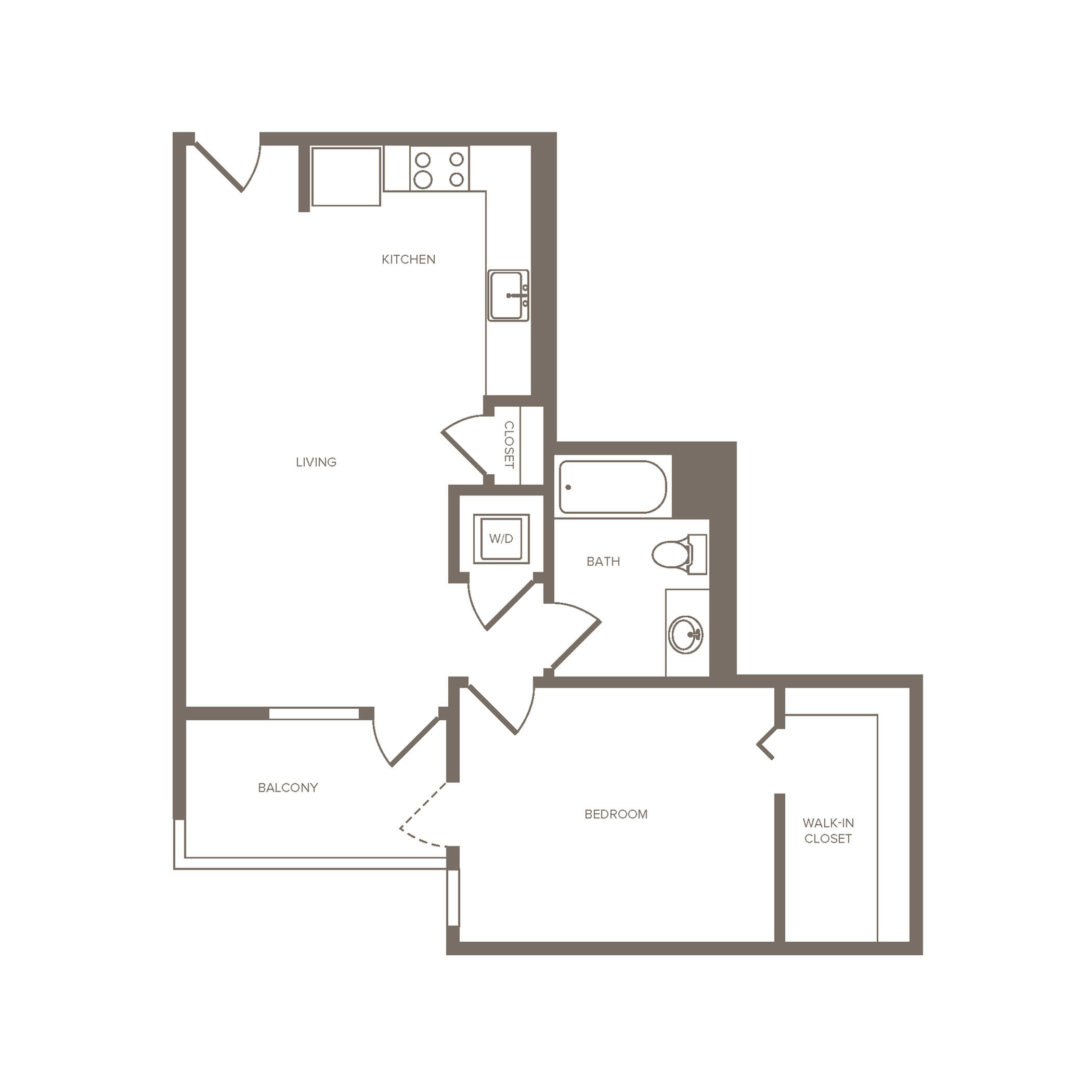 Contemporary floor plan of a one-bedroom apartment featuring an open kitchen-living area, spacious balcony, bathroom, and walk-in closet.