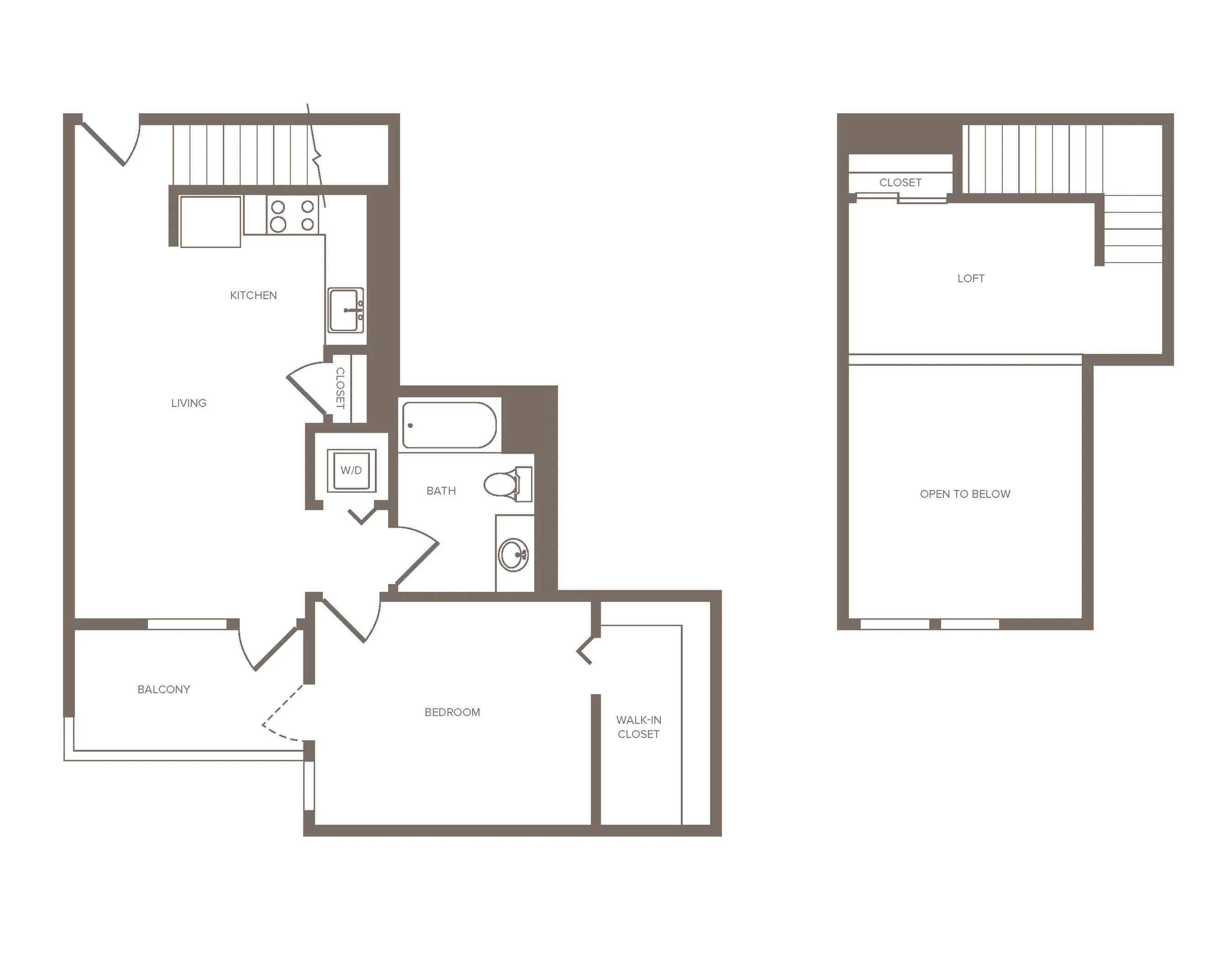 Modern floor plan featuring a spacious loft, open living area with kitchen, balcony access, and a cozy bedroom with walk-in closet.