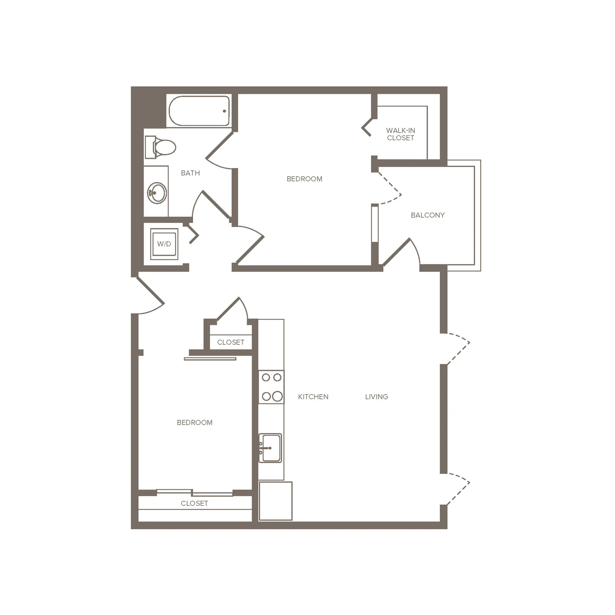 Modern apartment floor plan featuring 2 bedrooms, a spacious living and kitchen area, walk-in closet, and a private balcony.