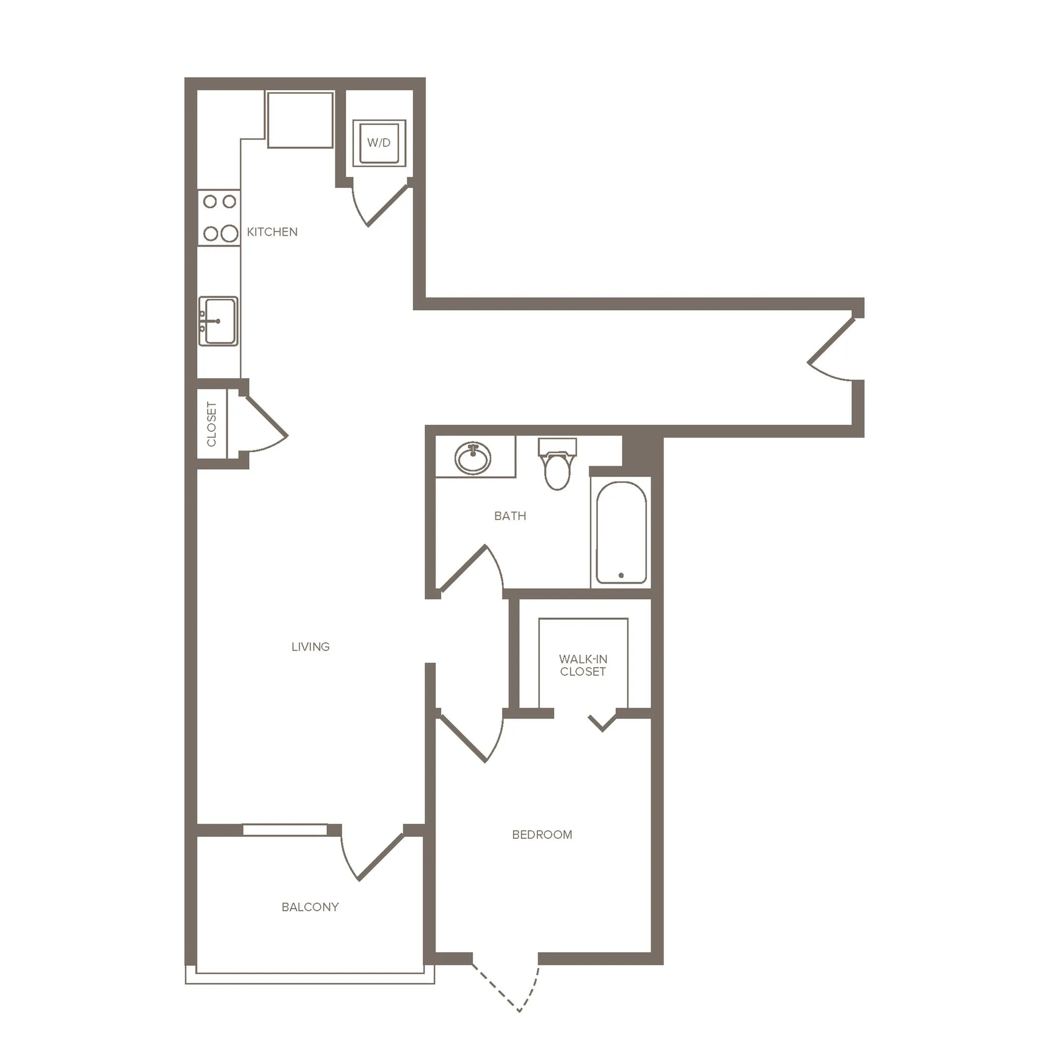 Modern floor plan showcasing one-bedroom apartment with walk-in closet, spacious living area, kitchen with washer/dryer, and private balcony.