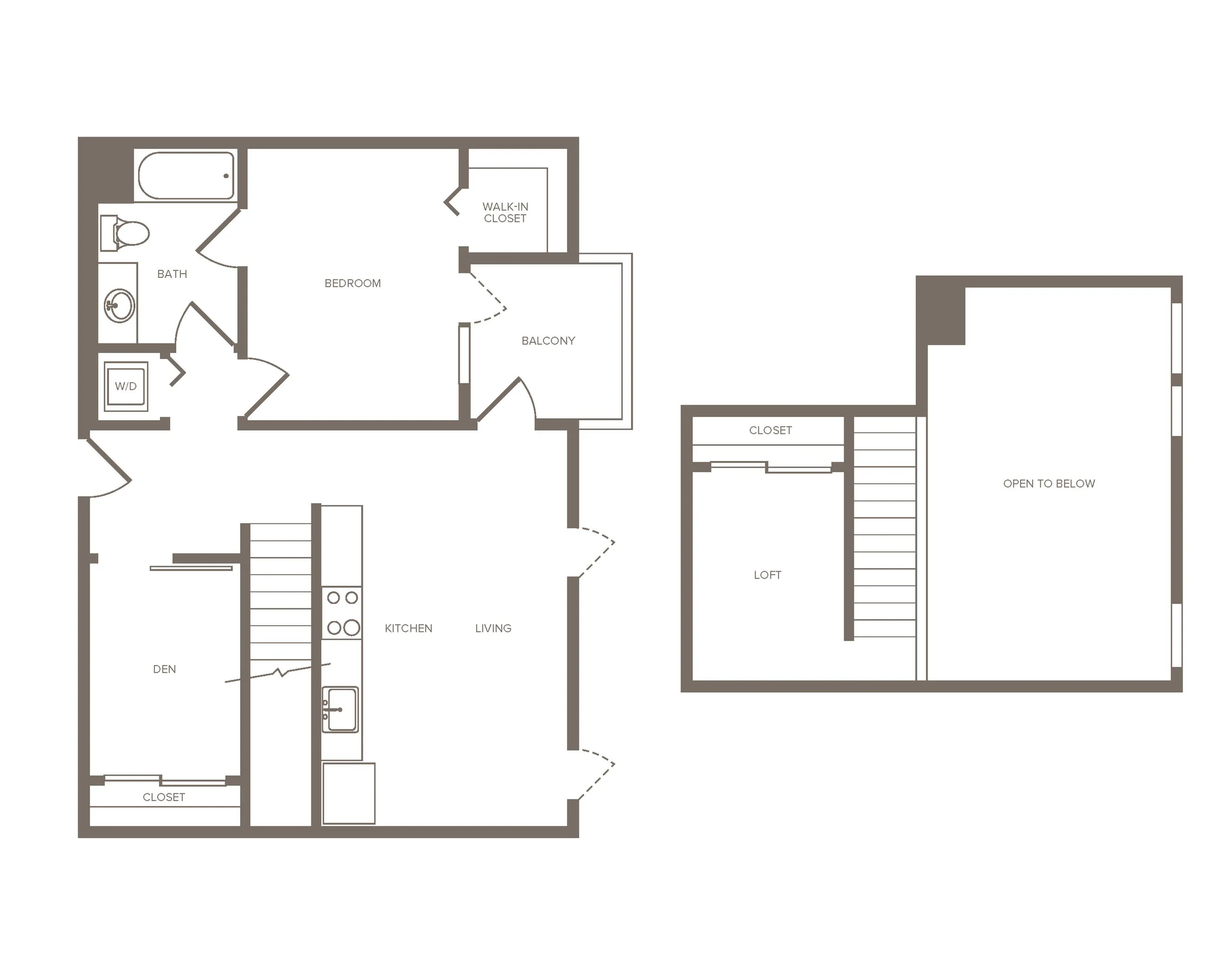 Sophisticated 2-level floor plan featuring a spacious bedroom, walk-in closet, private loft, and charming balcony, perfect for modern living.