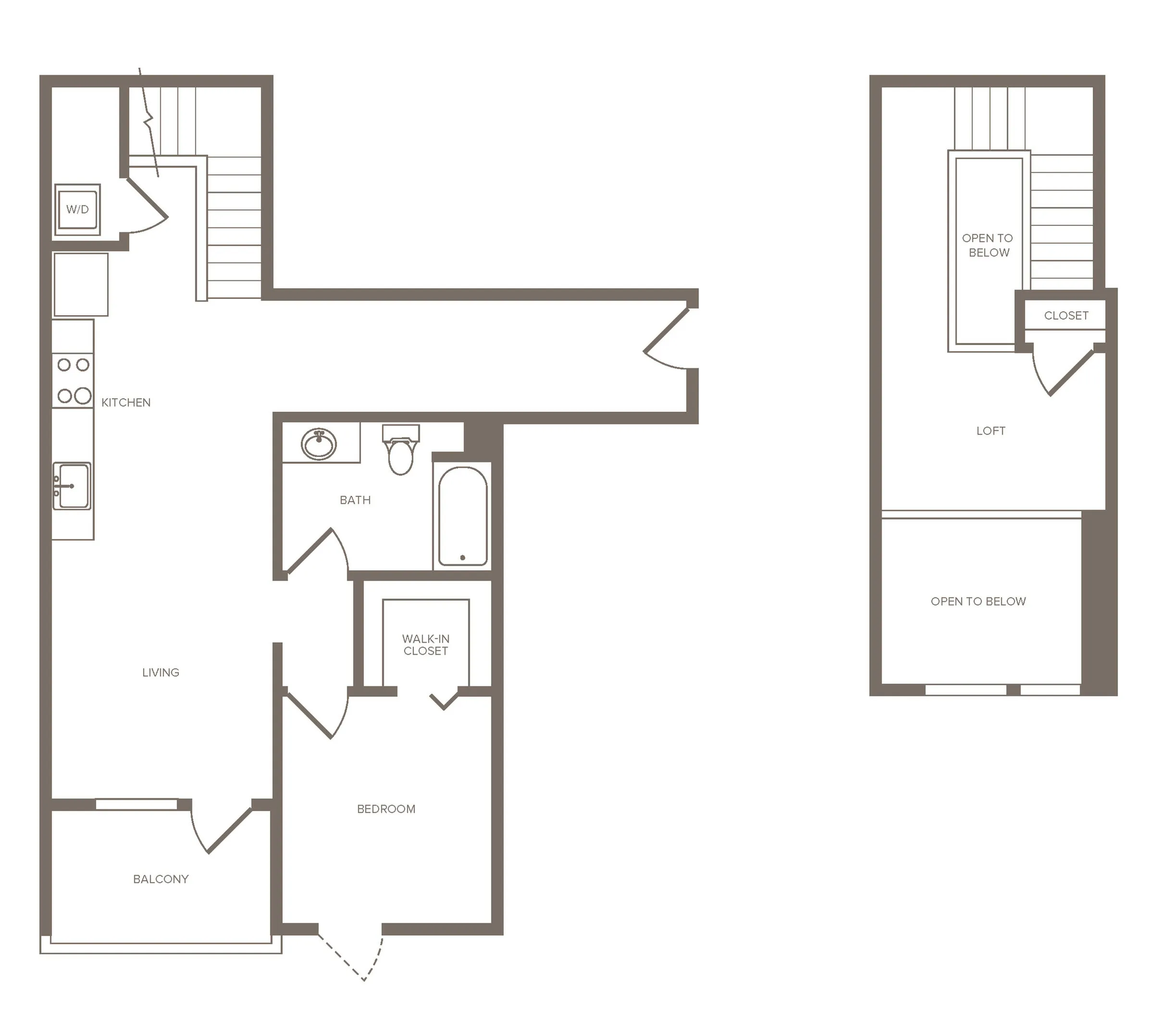 Chic duplex floor plan with a spacious loft, modern kitchen, cozy living area, bedroom with walk-in closet, and private balcony.