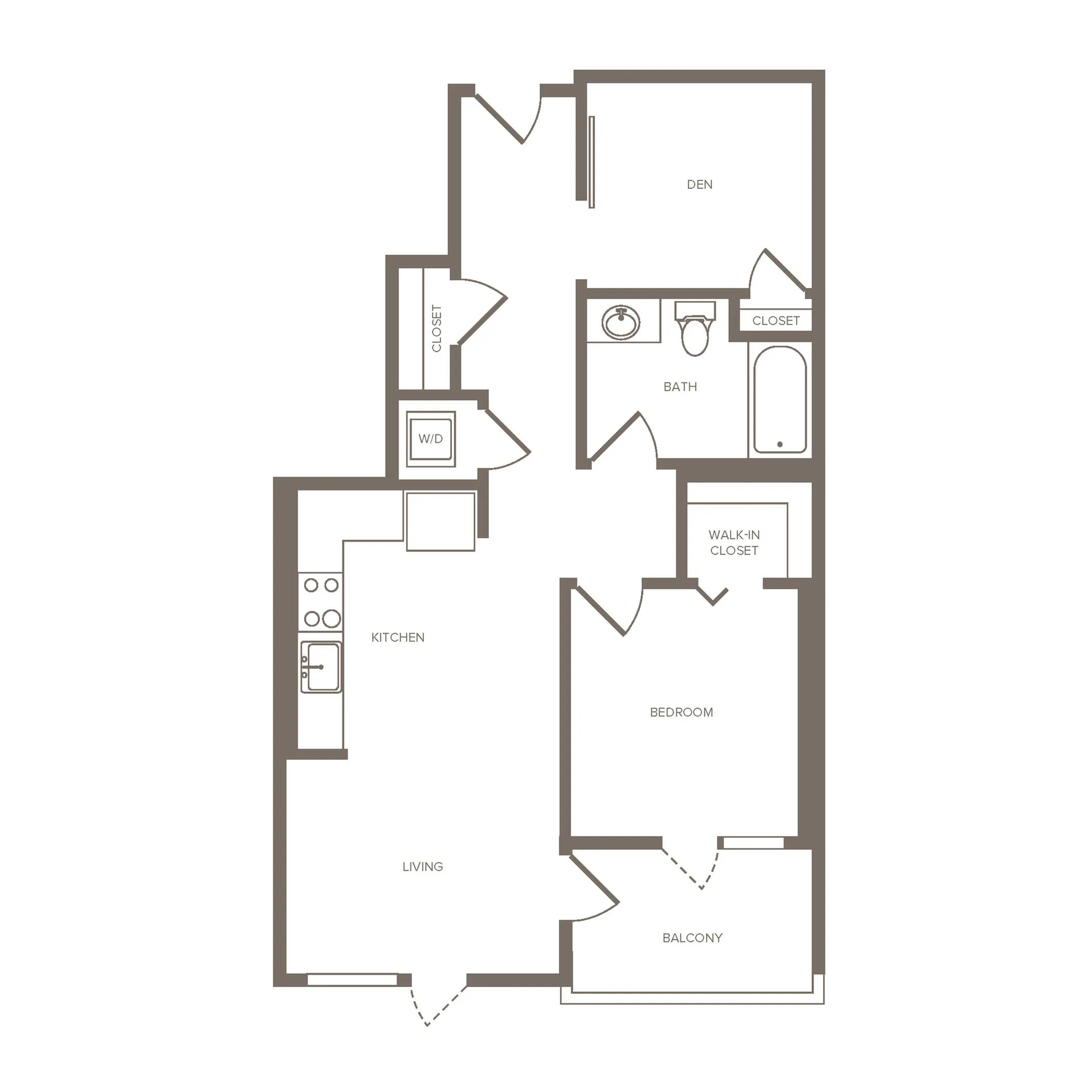 Contemporary floor plan showcasing a spacious bedroom, den, open kitchen, living area, and a private balcony.